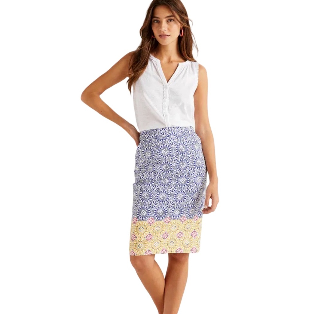 Anthropologie Boden Gabriella Skirt Bold Print Satin lined Blue Sun Tile Print